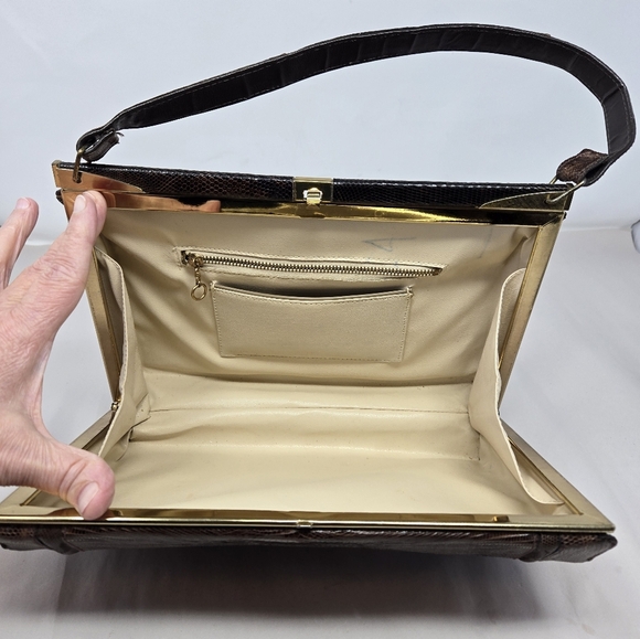 Womens Vintage Purse 1950's Dark Brown Exotic Repile Skin Arm Handbag Gold Tone - Picture 10 of 15